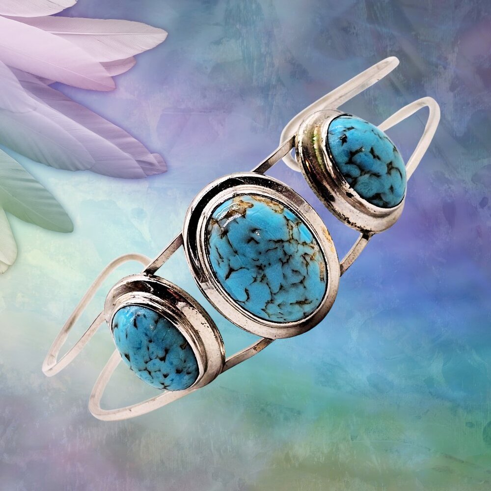 Triple Stone Turquoise Look Silver-Tone Open Cuff Bracelet Southwestern Boho